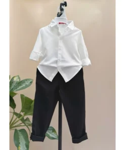 Bộ Quần Dài Đen Áo Trắng Dài Tay Cho Bé Trai